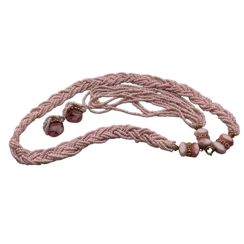 VTG Pink Seed Bead Milk‎ Glass Multi Strand Braided Tassel Necklace Earring Set